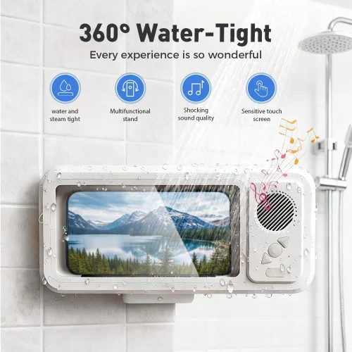 Vista 8 de Soporte para teléfono de ducha con altavoz Bluetooth inalámbrico, soporte impermeable para teléfono con altavoz, funda de teléfono de ducha