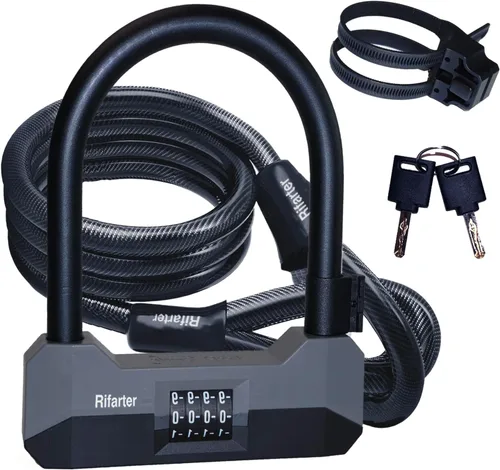 Candados de bicicleta resistentes antirrobo, combinación de bloqueo en U de 0.709 in con cable de acero de 5 pies, 4 dígitos reiniciable, cerradura