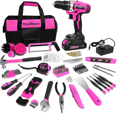 ThinkLearn - Kit de herramientas con taladro inalámbrico de 20 V (265 lb-in), juego de taladro rosa para mujeres, kit de herramientas para el hogar