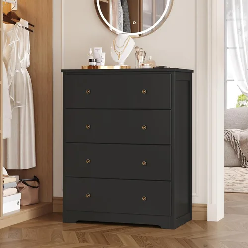 Vista 5 de HOUSUIT - Cómoda negra con 4 cajones, cómoda de 29 pulgadas de ancho, cómoda de madera Negro