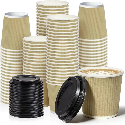Fit Meal Prep 100 Pack 4 oz Insulated Ripple Triple Wall Paper Coffee Cups with Black Lids, Premium Disposable, Brown To Go Anti Slip for Hot Tapas