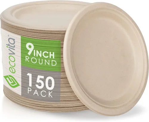 Platos de papel 100 % compostables [9 pulgadas] – 150 platos desechables ecológicos, resistentes, libres de árboles, líquidos y resistentes al