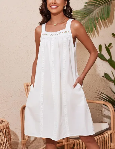 Vista 4 de YOZLY - Camisones de algodón sin mangas para mujer, camisón de tanque de noche con bolsillos A-Solid Blanco