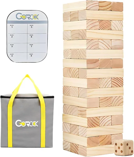 GOROCK Juego de torre gigante de volteo, juego de apilamiento de bloques de madera de 57 piezas (más de 4.2 pies), juegos clásicos familiares para