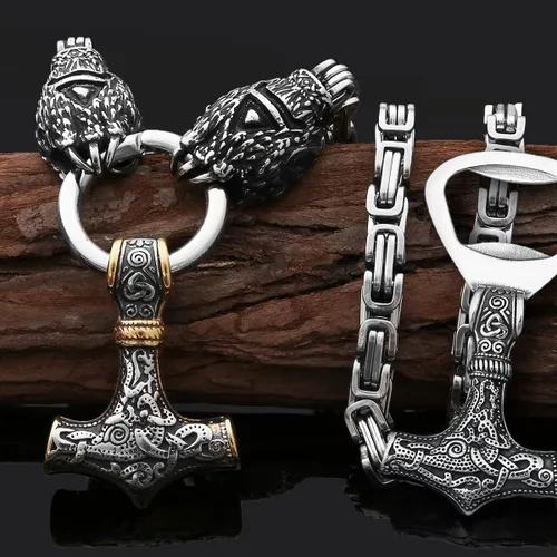 FANDAO Collar de acero inoxidable para hombre con diseño de oso de runa vikinga y pata de Thor con abridor de botellas Mjolnir bizantino King cadena